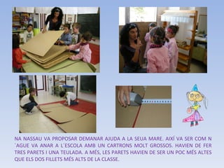 NA NASSAU VA PROPOSAR DEMANAR AJUDA A LA SEUA MARE. AIXÍ VA SER COM N´AGUE VA ANAR A L´ESCOLA AMB UN CARTRONS MOLT GROSSOS. HAVIEN DE FER TRES PARETS I UNA TEULADA. A MÉS, LES PARETS HAVIEN DE SER UN POC MÉS ALTES QUE ELS DOS FILLETS MÉS ALTS DE LA CLASSE. 