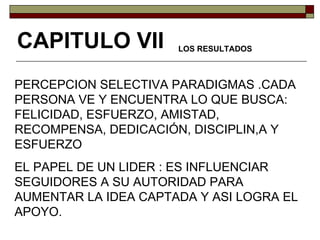 CAPITULO VII PERCEPCION SELECTIVA PARADIGMAS .CADA PERSONA VE Y ENCUENTRA LO QUE BUSCA: FELICIDAD, ESFUERZO, AMISTAD, RECOMPENSA, DEDICACIÓN, DISCIPLIN,A Y ESFUERZO  EL PAPEL DE UN LIDER : ES INFLUENCIAR SEGUIDORES A SU AUTORIDAD PARA AUMENTAR LA IDEA CAPTADA Y ASI LOGRA EL APOYO. LOS RESULTADOS 