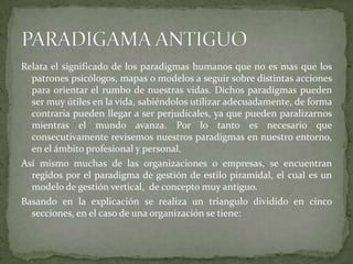 Relata el significado de los paradigmas humanos que no es mas que los patrones psicólogos, mapas o modelos a seguir sobre distintas acciones para orientar el rumbo de nuestras vidas.Dichos paradigmas pueden ser muy útiles en la vida, sabiéndolos utilizar adecuadamente, de forma contraria pueden llegar a ser perjudícales, ya que pueden paralizarnos mientras el mundo avanza. Por lo tanto es necesario que consecutivamente revisemos nuestros paradigmas en nuestro entorno, en el ámbito profesional y personal.Así mismo muchas de las organizaciones o empresas, se encuentran regidos por el paradigma de gestión de estilo piramidal, el cual es un modelo de gestión vertical,  de concepto muy antiguo.Basando en la explicación se realiza un triangulo dividido en cinco secciones, en el caso de una organización se tiene:PARADIGAMA ANTIGUO