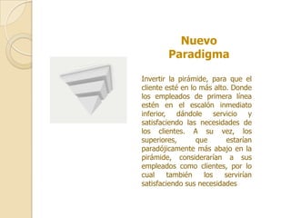 Nuevo
         Paradigma

Invertir la pirámide, para que el
cliente esté en lo más alto. Donde
los empleados de primera línea
estén en el escalón inmediato
inferior,    dándole     servicio    y
satisfaciendo las necesidades de
los clientes. A su vez, los
superiores,       que         estarían
paradójicamente más abajo en la
pirámide, considerarían a sus
empleados como clientes, por lo
cual      también    los     servirían
satisfaciendo sus necesidades
 