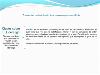 Todo esfuerzo disciplinado tiene una recompensa múltiple.




Claves sobre            - Gozo: es un fenómeno profundo y no se basa en circunstancia exteriores, el
El Liderazgo            cual tiene que ver con la satisfacción interior y con la convicción de estar
                        siguiendo los profundos e inmutables principios de la vida. Para Simeón, servir a
Siempre que dos o       los otros nos libera de las cadenas del egoísmo que estrangulan el gozo de la
 mas personas se        vida.
  reúnen con un
propósito, hay una      - De nada vale haber aprendido bien algo si no se hace bien.
  oportunidad de
    liderazgo.
 