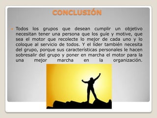 CONCLUSIÓN


Todos los grupos que desean cumplir un objetivo
necesitan tener una persona que los guíe y motive, que
sea el motor que recolecte lo mejor de cada uno y lo
coloque al servicio de todos. Y el líder también necesita
del grupo, porque sus características personales le hacen
sobresalir del grupo y poner en marcha el motor para la
una
mejor
marcha
en
la
organización.

 