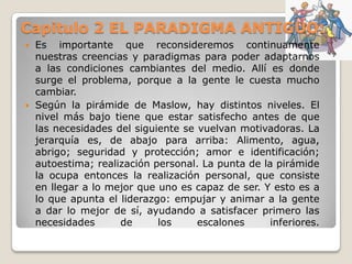 Capitulo 2 EL PARADIGMA ANTIGUO:




Es importante que reconsideremos continuamente
nuestras creencias y paradigmas para poder adaptarnos
a las condiciones cambiantes del medio. Allí es donde
surge el problema, porque a la gente le cuesta mucho
cambiar.
Según la pirámide de Maslow, hay distintos niveles. El
nivel más bajo tiene que estar satisfecho antes de que
las necesidades del siguiente se vuelvan motivadoras. La
jerarquía es, de abajo para arriba: Alimento, agua,
abrigo; seguridad y protección; amor e identificación;
autoestima; realización personal. La punta de la pirámide
la ocupa entonces la realización personal, que consiste
en llegar a lo mejor que uno es capaz de ser. Y esto es a
lo que apunta el liderazgo: empujar y animar a la gente
a dar lo mejor de sí, ayudando a satisfacer primero las
necesidades
de
los
escalones
inferiores.

 