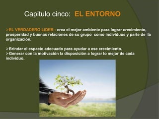 Capitulo cinco: EL ENTORNO 
EL VERDADERO LIDER : crea el mejor ambiente para lograr crecimiento, 
prosperidad y buenas relaciones de su grupo como individuos y parte de la 
organización. 
Brindar el espacio adecuado para ayudar a ese crecimiento. 
Generar con la motivación la disposición a lograr lo mejor de cada 
individuo. 
 