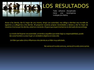 LOS RESULTADOS
Todo esfuerzo disciplinado
tiene una recompensa
múltiple (Jim Rohn)
No vemos el mundo como es, vemos el mundo como somos
Un líder que sabe cómo influenciar a los demás es un líder muy solicitado
La misión de forjarse una autoridad ,sirviendo a aquellos que están bajo su responsabilidad, puede
dar a ese hombre o a esa mujer un verdadero objetivo en esta vida
Amar a los demás, dar lo mejor de uno mismo, dirigir con autoridad, nos obliga a derribar esa muralla de
egoísmo y a allegarnos a los demás. Al posponer nuestras propias necesidades y deseos y dar lo mejor de
nosotros mismos por los demás, estamos creciendo. El gozo que experimentamos es derivado de esa entrega
 