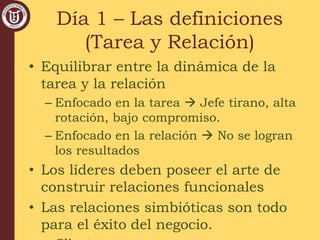 • Equilibrar entre la dinámica de la
tarea y la relación
– Enfocado en la tarea  Jefe tirano, alta
rotación, bajo compromiso.
– Enfocado en la relación  No se logran
los resultados
• Los líderes deben poseer el arte de
construir relaciones funcionales
• Las relaciones simbióticas son todo
para el éxito del negocio.
Día 1 – Las definiciones
(Tarea y Relación)
 