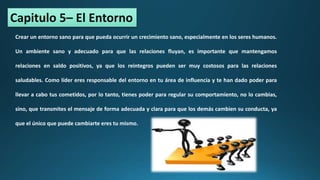 Capitulo 5– El Entorno
Crear un entorno sano para que pueda ocurrir un crecimiento sano, especialmente en los seres humanos.
Un ambiente sano y adecuado para que las relaciones fluyan, es importante que mantengamos
relaciones en saldo positivos, ya que los reintegros pueden ser muy costosos para las relaciones
saludables. Como líder eres responsable del entorno en tu área de influencia y te han dado poder para
llevar a cabo tus cometidos, por lo tanto, tienes poder para regular su comportamiento, no lo cambias,
sino, que transmites el mensaje de forma adecuada y clara para que los demás cambien su conducta, ya
que el único que puede cambiarte eres tu mismo.
 