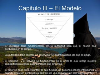Capitulo III – El Modelo
El liderazgo debe fundamentarse en la autoridad para que el mismo sea
perdurable en el tiempo.
La autoridad debe basarse en el servicio y el sacrificio hacia los que se dirige.
El sacrificio y el servicio se fundamentan en el amor lo cual refleja nuestro
comportamiento hacia esas personas que dirigimos.
El amor se basa en la voluntad, la cual fusiona las acciones con las intenciones y
cuando estas son congruentes permite ser una persona y un líder consecuentes.
 