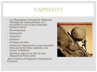CAPITULO 7
• Los Resultados Percepción Selectiva
Paradigmas Cada persona ve y
encuentra lo que busca Felicidad
Esfuerzo Amor
• Recompensas
• Dedicación
• Disciplina
• Esfuerzo
• El Papel del líder
• Influenciar Seguidores a sus Autoridad
Para aumentar Idea captada y así
Apoyo recibiendo
• Significar algo en la vida de sus
Seguidores Para poder
Servir Elimina El Egoísmo Crecimiento
Personal.
 