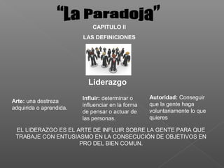 CAPITULO II
                         LAS DEFINICIONES




                           Liderazgo
                         Influir: determinar o     Autoridad: Conseguir
Arte: una destreza
                         influenciar en la forma   que la gente haga
adquirida o aprendida.
                         de pensar o actuar de     voluntariamente lo que
                         las personas.             quieres

 EL LIDERAZGO ES EL ARTE DE INFLUIR SOBRE LA GENTE PARA QUE
 TRABAJE CON ENTUSIASMO EN LA CONSECUCIÓN DE OBJETIVOS EN
                     PRO DEL BIEN COMUN.
 