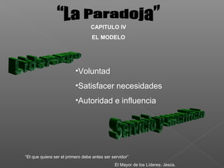 CAPITULO IV
                                  EL MODELO




                          •Voluntad
                          •Satisfacer necesidades
                          •Autoridad e influencia




“El que quiera ser el primero debe antes ser servidor”
                                              El Mayor de los Líderes: Jesús.
 