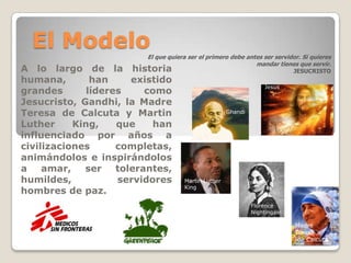 El Modelo
                         El que quiera ser el primero debe antes ser servidor. Si quieres
                                                              mandar tienes que servir.
A lo largo de la historia                                                   JESUCRISTO
humana,        han     existido
                                                                   Jesus
grandes       líderes     como
Jesucristo, Gandhi, la Madre
Teresa de Calcuta y Martin                           Ghandi

Luther     King,    que    han
influenciado por años a
civilizaciones      completas,
animándolos e inspirándolos
a    amar,   ser    tolerantes,
humildes,           servidores       Martin Luther
                                     King
hombres de paz.
                                                              Florence
                                                              Nightingale

                                                                            Madre
                                                                            Teresa
                                                                             de Calcuta
 