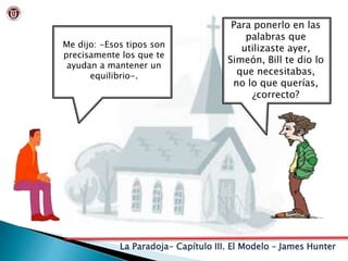 La Paradoja- Capítulo III. El Modelo – James Hunter
Me dijo: -Esos tipos son
precisamente los que te
ayudan a mantener un
equilibrio-.
Para ponerlo en las
palabras que
utilizaste ayer,
Simeón, Bill te dio lo
que necesitabas,
no lo que querías,
¿correcto?
 