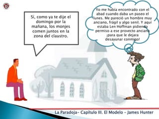 La Paradoja- Capítulo III. El Modelo – James Hunter
Sí, como ya te dije el
domingo por la
mañana, los monjes
comen juntos en la
zona del claustro.
Yo me había encontrado con el
abad cuando daba un paseo el
lunes. Me pareció un hombre muy
anciano, frágil y algo senil. Y aquí
estaba Len Hoffman pidiendo
permiso a ese provecto anciano
¡para que le dejara
desayunar conmigo!
 