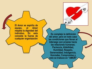 El Amor es espíritu de
equipo,     el    Amor
respeta la dignidad del
individuo. En esto           Es complejo la definición
consiste la fuerza de      del amor, pero en todo caso
cualquier organización    las condiciones que llevan al
                           liderazgo son propias hacia
                             las relaciones humanas;
                               Paciencia, Afabilidad,
                                Humildad, Respeto,
                            Generosidad, Indulgencia,
                             Honradez, Compromiso y
                           esto se traduce en “AMOR”
 