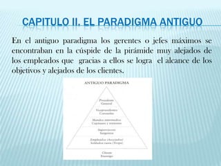 Capitulo II. El paradigma antiguoEn el antiguo paradigma los gerentes o jefes máximos se encontraban en la cúspide de la pirámide muy alejados de los empleados que  gracias a ellos se logra  el alcance de los objetivos y alejados de los clientes.