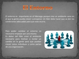 El entorno es importante en el liderazgo porque crea un ambiente sano en
el que la gente pueda crecer y prosperar. Un líder debe hacer que se den las
condiciones adecuadas para que esto ocurra.
Para poder cambiar el entorno es
necesario empezar por uno mismo.
Es deber del líder crear el ambiente
necesario para motivar o incitar un
cambio en la gente para que puedan
crecer como individuos y como partes
de una organización.
 