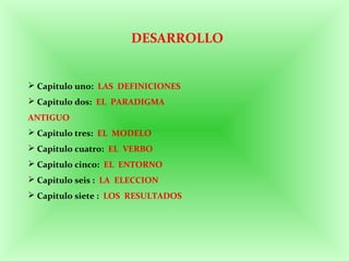  Capitulo uno: LAS DEFINICIONES
 Capitulo dos: EL PARADIGMA
ANTIGUO
 Capitulo tres: EL MODELO
 Capitulo cuatro: EL VERBO
 Capitulo cinco: EL ENTORNO
 Capitulo seis : LA ELECCION
 Capitulo siete : LOS RESULTADOS
DESARROLLO
 