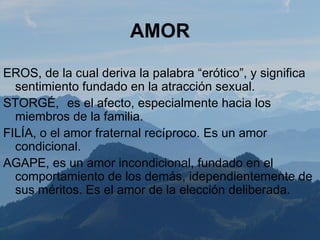 AMOR

EROS, de la cual deriva la palabra “erótico”, y significa
  sentimiento fundado en la atracción sexual.
STORGÉ, es el afecto, especialmente hacia los
  miembros de la familia.
FILÍA, o el amor fraternal recíproco. Es un amor
  condicional.
AGAPE, es un amor incondicional, fundado en el
  comportamiento de los demás, idependientemente de
  sus méritos. Es el amor de la elección deliberada.
 