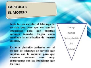 Jesús fue un servidor, el liderazgo de
servicio que tiene que ver con las
intenciones para que nuestras
acciones tomadas tengan como
resultado la satisfacción de nuestro
entorno.
En esta pirámide podemos ver el
modelo de liderazgo de servicio que
empieza con la voluntad para que
nuestras
acciones
sean
muy
consecuentes con las intenciones que
tenemos.

 