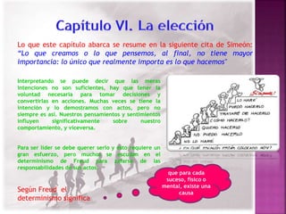 Lo que este capítulo abarca se resume en la siguiente cita de Simeón: 
“Lo que creamos o lo que pensemos, al final, no tiene mayor 
importancia: lo único que realmente importa es lo que hacemos" 
Interpretando se puede decir que las meras 
intenciones no son suficientes, hay que tener la 
voluntad necesaria para tomar decisiones y 
convertirlas en acciones. Muchas veces se tiene la 
intención y lo demostramos con actos, pero no 
siempre es así. Nuestros pensamientos y sentimientos 
influyen significativamente sobre nuestro 
comportamiento, y viceversa. 
Para ser líder se debe querer serlo y esto requiere un 
gran esfuerzo, pero muchos se escudan en el 
determinismo de Freud para zafarse de las 
responsabilidades de sus actos. 
que para cada 
suceso, físico o 
mental, existe una 
causa Según Freud el 
determinismo significa 
 