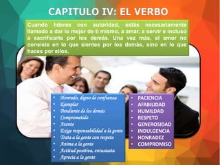 • Honrado, digno de confianza
• Ejemplar
• Pendiente de los demás
• Comprometido
• Atento
• Exige responsabilidad a la gente
• Trata a la gente con respeto
• Anima a la gente
• Actitud positiva, entusiasta
• Aprecia a la gente
• PACIENCIA
• AFABILIDAD
• HUMILDAD
• RESPETO
• GENEROSIDAD
• INDULGENCIA
• HONRADEZ
• COMPROMISO
Cuando lideras con autoridad, estás necesariamente
llamado a dar lo mejor de ti mismo, a amar, a servir e incluso
a sacrificarte por los demás. Una vez más, el amor no
consiste en lo que sientes por los demás, sino en lo que
haces por ellos.
 