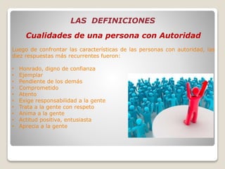 LAS DEFINICIONES
Cualidades de una persona con Autoridad
Luego de confrontar las características de las personas con autoridad, las
diez respuestas más recurrentes fueron:
• Honrado, digno de confianza
• Ejemplar
• Pendiente de los demás
• Comprometido
• Atento
• Exige responsabilidad a la gente
• Trata a la gente con respeto
• Anima a la gente
• Actitud positiva, entusiasta
• Aprecia a la gente
 
