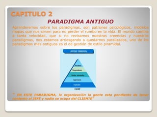 CAPITULO 2
PARADIGMA ANTIGUO
Aprenderemos sobre los paradigmas, son patrones psicológicos, modelos
mapas que nos sirven para no perder el rumbo en la vida. El mundo cambia
a tanta velocidad, que si no revisamos nuestras creencias y nuestros
paradigmas, nos estamos arriesgando a quedarnos paralizados, uno de los
paradigmas mas antiguos es el de gestión de estilo piramidal.
“ EN ESTE PARADIGMA, la organización la gente esta pendiente de tener
contento al JEFE y nadie se ocupa del CLIENTE”
 