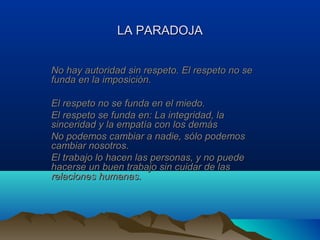 LA PARADOJA


No hay autoridad sin respeto. El respeto no se
funda en la imposición.

El respeto no se funda en el miedo.
El respeto se funda en: La integridad, la
sinceridad y la empatía con los demás
No podemos cambiar a nadie, sólo podemos
cambiar nosotros.
El trabajo lo hacen las personas, y no puede
hacerse un buen trabajo sin cuidar de las
relaciones humanas.
 