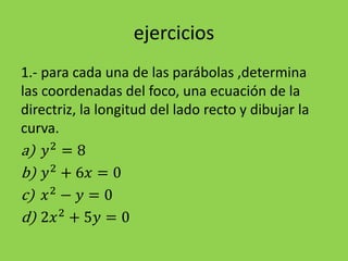 ejercicios
1.- para cada una de las parábolas ,determina
las coordenadas del foco, una ecuación de la
directriz, la longitud del lado recto y dibujar la
curva.
a) 𝑦2
= 8
b) 𝑦2
+ 6𝑥 = 0
c) 𝑥2
− 𝑦 = 0
d) 2𝑥2
+ 5𝑦 = 0
 