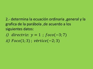 2.- determina la ecuación ordinaria ,general y la
grafica de la parábola ,de acuerdo a los
siguientes datos:
i) 𝑑𝑖𝑟𝑒𝑐𝑡𝑟𝑖𝑧: 𝑦 = 1 ; 𝑓𝑜𝑐𝑜(−3; 7)
ii) 𝐹𝑜𝑐𝑜(1; 3) ; 𝑣é𝑟𝑡𝑖𝑐𝑒(−2; 3)
 