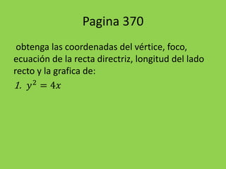 Pagina 370
obtenga las coordenadas del vértice, foco,
ecuación de la recta directriz, longitud del lado
recto y la grafica de:
1. 𝑦2
= 4𝑥
 