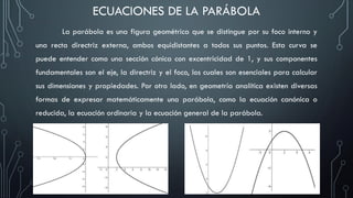 La parábola es una figura geométrica que se distingue por su foco interno y
una recta directriz externa, ambos equidistantes a todos sus puntos. Esta curva se
puede entender como una sección cónica con excentricidad de 1, y sus componentes
fundamentales son el eje, la directriz y el foco, los cuales son esenciales para calcular
sus dimensiones y propiedades. Por otro lado, en geometría analítica existen diversas
formas de expresar matemáticamente una parábola, como la ecuación canónica o
reducida, la ecuación ordinaria y la ecuación general de la parábola.
ECUACIONES DE LA PARÁBOLA
 