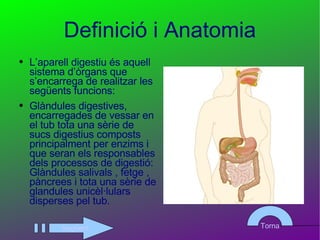 Definició i Anatomia L’aparell digestiu és aquell sistema d’òrgans que s’encarrega de realitzar les següents funcions: Glàndules digestives, encarregades de vessar en el tub tota una sèrie de sucs digestius composts principalment per enzims i que seran els responsables dels processos de digestió: Glàndules salivals , fetge , pàncrees i tota una sèrie de glandules unicèl·lulars disperses pel tub. Següent Torna 