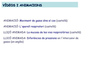 VÍDEOS I ANIMACIONSVÍDEOS I ANIMACIONS
ANIMACIÓ: Moviment de gasos dins el cos (castellà)
ANIMACIÓ: L'aparell respiratori (castellà)
LLIÇÓ ANIMADA: La mucosa de les vies respiratòries (castellà)
LLICÓ ANIMADA: Diferències de pressions en l'intercanvi de
gasos (en anglès)
 