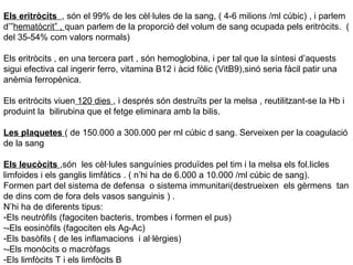 Els eritròcits  , són el 99% de les cèl·lules de la sang, ( 4-6 milions /ml cúbic) , i parlem d’” hematòcrit” ,  quan parlem de la proporció del volum de sang ocupada pels eritròcits.  ( del 35-54% com valors normals) Els eritròcits , en una tercera part , són hemoglobina, i per tal que la síntesi d’aquests sigui efectiva cal ingerir ferro, vitamina B12 i àcid fòlic (VitB9),sinó seria fàcil patir una anèmia ferropènica.  Els eritròcits viuen  120 dies  , i després són destruïts per la melsa , reutilitzant-se la Hb i produint la  bilirubina que el fetge eliminara amb la bilis.  Les plaquetes  ( de 150.000 a 300.000 per ml cúbic d sang. Serveixen per la coagulació de la sang Els leucòcits  ,són  les cèl·lules sanguínies produïdes pel tim i la melsa els fol.licles limfoides i els ganglis limfàtics . ( n’hi ha de 6.000 a 10.000 /ml cúbic de sang). Formen part del sistema de defensa  o sistema immunitari(destrueixen  els gèrmens  tan de dins com de fora dels vasos sanguinis ) . N’hi ha de diferents tipus: Els neutròfils (fagociten bacteris, trombes i formen el pus) -Els eosinòfils (fagociten els Ag-Ac) Els basòfils ( de les inflamacions  i al·lèrgies) -Els monòcits o macròfags  Els limfòcits T i els limfòcits B 