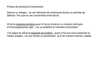 Procés de producció d’anticossos: Davant un antígen , es van fabricant els anticossos durant un periode de latència  fins que es van concentrant enel sèrum.  Hi ha la  resposta primària  quan hi ha en el sèrum un número molt gran d’Immunoglobulines IgM , i es va establint la memòria immunitària I tot seguit es dóna la  resposta secundària ,  quan hi ha una nova exposició al mateix antigen, i en poc temps es produeixen  Ig G de manera intensa i ràpida. 