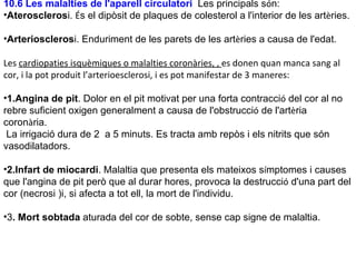 10.6 Les malalties de l'aparell circulatori  Les principals s ó n:  Ateroscleros i.  É s el dipòsit de plaques de colesterol a l'interior de les art è ries.  Arterioscleros i. Enduriment de les parets de les art è ries a causa de l'edat.  Les  cardiopaties isquèmiques o malalties coronàries, ,  es donen quan manca sang al cor, i la pot produit l’arterioesclerosi, i es pot manifestar de 3 maneres: 1.Angina de pit . Dolor en el pit motivat per una forta contracci ó  del cor al no rebre suficient oxigen generalment a causa de l'obstrucci ó  de l'art è ria coron à ria. La irrigació dura de 2  a 5 minuts. Es tracta amb repòs i els nitrits que són vasodilatadors. 2.Infart de miocardi . Malaltia que presenta els mateixos s í mptomes i causes que l'angina de pit però que al durar hores, provoca la destrucci ó  d'una part del cor (necrosi )i, si afecta a tot ell, la mort de l'individu.  3 . Mort sobtada  aturada del cor de sobte, sense cap signe de malaltia.  