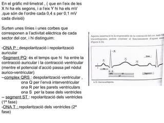 En el gràfic mil·limetrat , ( que en l’eix de les X hi ha els segons, i a l’eix Y hi ha els mV ,que són de l’ordre cada 0,4 s per 0,1 mV cada divisió)  Surten unes línies i unes corbes que corresponen a l’activitat elèctrica de cada sector del cor, i hi distinguim: ONA P :  despolarització i repolarització auricular Segment PQ : és el temps que hi  ha entre la contracció auricular i la contracció ventricular (mentre el potencial d’acció passa pel nòdul aurico-ventricular) - complex QRS  : despolarització ventricular , ona Q per l’envà interventricular ona R per les parets ventriculars ona S  per la base dels ventricles --  segment ST  : repolarització dels ventricles (1ª fase) - ONA T :  repolarització dels ventricles (2ª fase) 