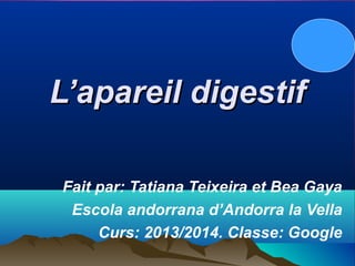 L’apareil digestif
Fait par: Tatiana Teixeira et Bea Gaya
Escola andorrana d’Andorra la Vella
Curs: 2013/2014. Classe: Google

 