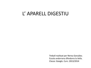 L’ APARELL DIGESTIU

Treball realitzat per Nerea González.
Escola andorrana d’Andorra la Vella.
Classe: Google. Curs: 2013/2014

 