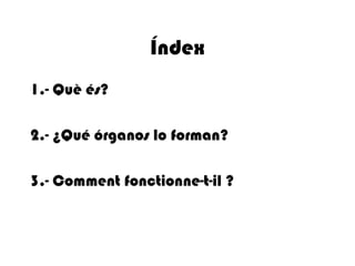 Índex
1.- Què és?
2.- ¿Qué órganos lo forman?
3.- Comment fonctionne-t-il ?

 