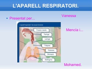 L'APARELL RESPIRATORI.


Presentat per...

Vanessa

Mencía i...

Mohamed.

 