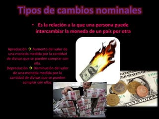 Tipos de cambios nominales
• Es la relación a la que una persona puede
intercambiar la moneda de un país por otra
Apreciación  Aumento del valor de
una moneda medida por la cantidad
de divisas que se pueden comprar con
ella.
Depreciación  Disminución del valor
de una moneda medida por la
cantidad de divisas que se pueden
comprar con ellas.
 