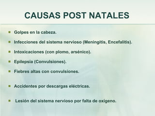 CAUSAS POST NATALES Golpes en la cabeza. Infecciones del sistema nervioso (Meningitis, Encefalitis). Intoxicaciones (con plomo, arsénico). Epilepsia (Convulsiones). Fiebres altas con convulsiones. Accidentes por descargas eléctricas. Lesión del sistema nervioso por falta de oxígeno. 