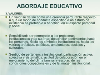 ABORDAJE EDUCATIVO 3. VALORES: Un valor se define como una creencia perdurable respecto a que un modo de conducta específico o un estado de existencia es preferible o benéfico, en el aspecto personal y social. Sensibilidad: ser permeable a los problemas institucionales y de su área; desarrollar sentimientos hacia las personas, hacia los símbolos institucionales, hacia los valores artísticos, estéticos, ambientales, sociales y culturales. Sentido de pertenencia institucional: participación activa, colectiva y sistemática, actitud de colaboración en el mejoramiento del clima familiar y escolar, de las condiciones ocupacionales y de la imagen institucional. 