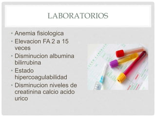 LABORATORIOS
• Anemia fisiologica
• Elevacion FA 2 a 15
veces
• Disminucion albumina
bilirrubina
• Estado
hipercoagulabilidad
• Disminucion niveles de
creatinina calcio acido
urico
 