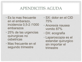 APENDICITIS AGUDA
• Es la mas frecuente
en el embarazo,
incidencia 0,5-2 /1000
embarazos
• 25% de las urgencias
quirurgicas no
osbetricas
• Mas frecuente en el
segundo trimestre
• SX: dolor en el CID
75%
• Anorexia nausea
vomito 87%
• DX: ecografia
• Laparoscopia es el
estandar quirurgico
sin importar el
trimestre
 