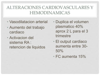 ALTERACIONES CARDIOVASCULARES Y
HEMODINAMICAS
• Vasodilatacion arterial
• Aumento del trabajo
cardiaco
• Activacion del
sistema RA :
retencion de liquidos
• Duplica el volumen
plasmatico 40%
aprox 2 L para el 3
trimestre
• El output cardiaco
aumenta entre 30-
50%
• FC aumenta 15%
 