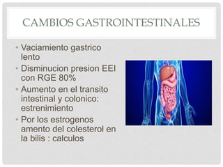 CAMBIOS GASTROINTESTINALES
• Vaciamiento gastrico
lento
• Disminucion presion EEI
con RGE 80%
• Aumento en el transito
intestinal y colonico:
estrenimiento
• Por los estrogenos
amento del colesterol en
la bilis : calculos
 